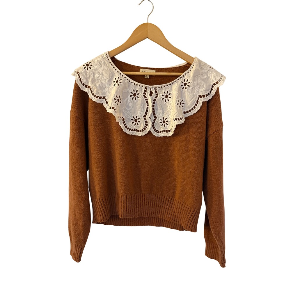 Promesa Women's Brown Knit Sweater with Embroidered Eyelet Peter Pam Collar L